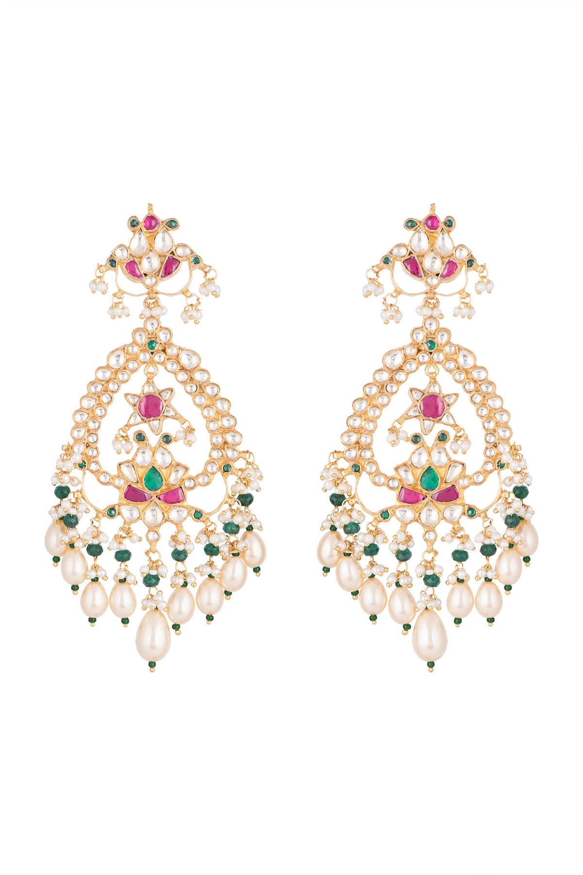 Gold Finish Multi Colored Kundan Chandelier Earrings