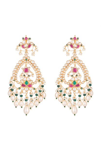 Gold Finish Multi Colored Kundan Chandelier Earrings