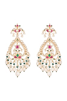 Gold Finish Multi Colored Kundan Chandelier Earrings
