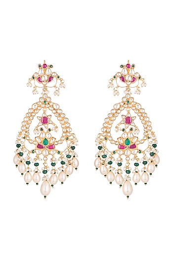 Gold Finish Multi Colored Kundan Chandelier Earrings