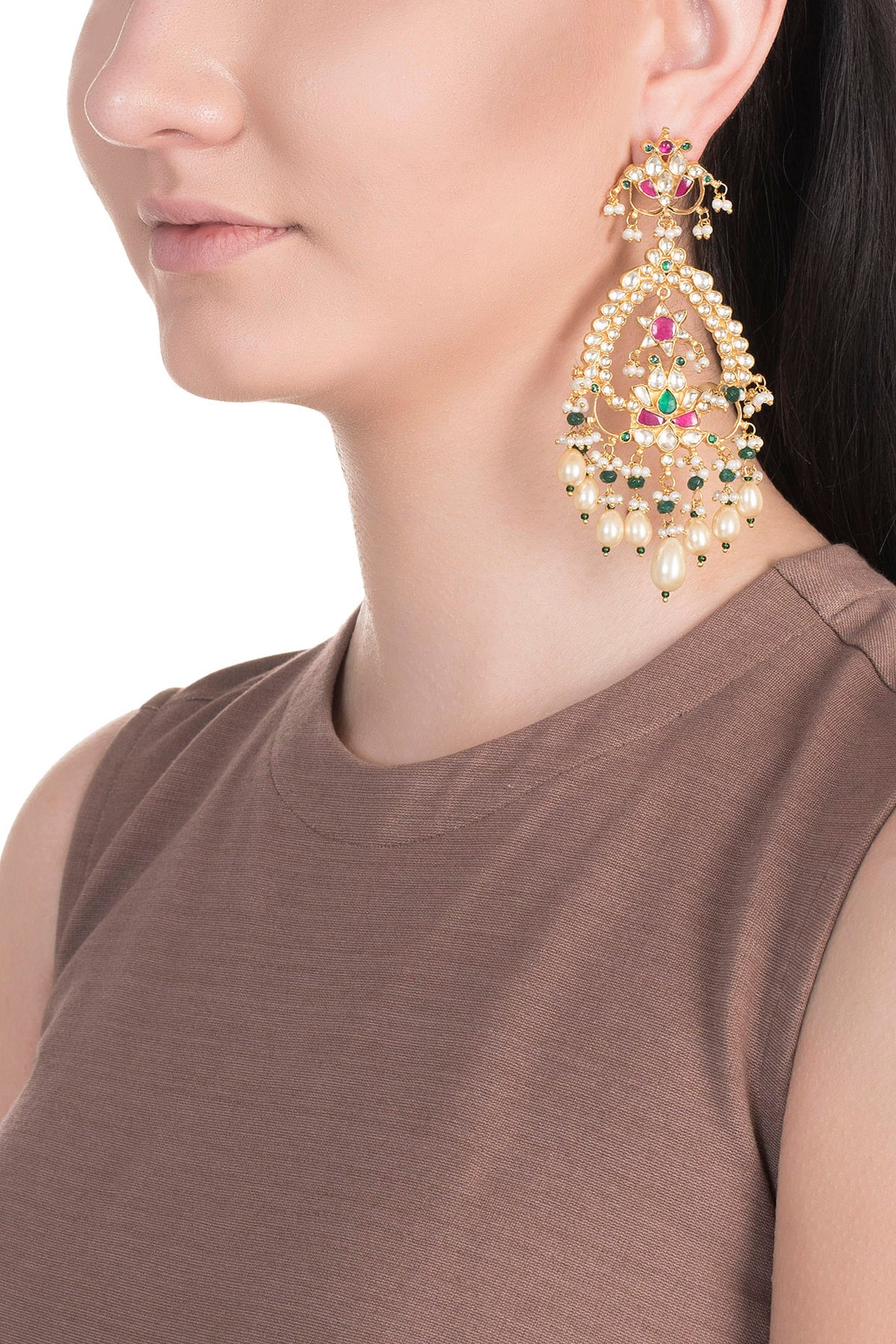 Gold Finish Multi Colored Kundan Chandelier Earrings