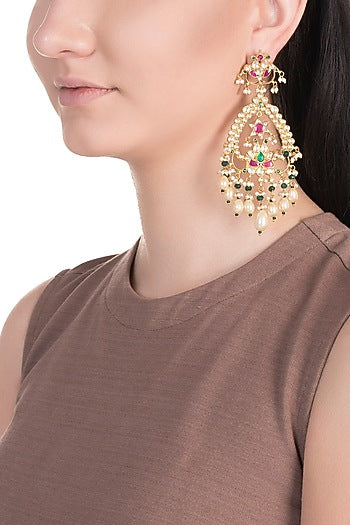 Gold Finish Multi Colored Kundan Chandelier Earrings