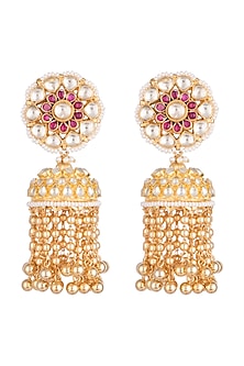 Gold Finish Kundan & Pearl String Jhumka Earrings