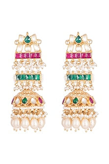 Gold Plated Multi Colored Kundan Jhumka Earrings