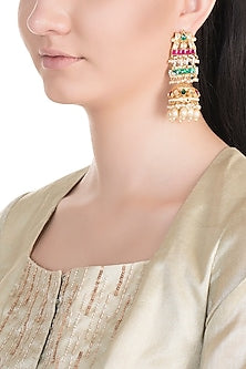 Gold Plated Multi Colored Kundan Jhumka Earrings