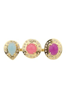 Gold Plated Zircon, Aqua Chalcedony and Jade Stone Double Finger Ring