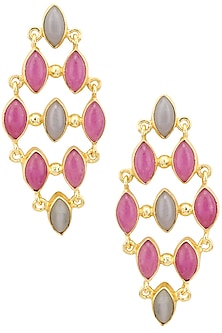 Gold Plated Purple Jade and Grey Stone Earrings