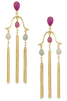 Gold Plated Aqua Chalcedony, Jade Stone and Tassels Earrings
