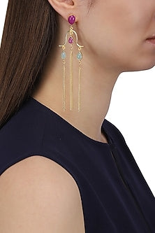 Gold Plated Aqua Chalcedony, Jade Stone and Tassels Earrings