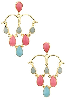 Gold Plated Aqua Chalcedony and Pink Jade Stone Earrings