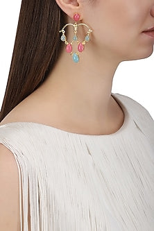 Gold Plated Aqua Chalcedony and Pink Jade Stone Earrings