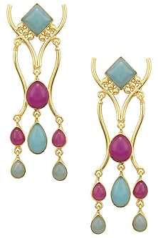 Gold Plated Aqua Chalcedony and Purple Jade Stone Earrings
