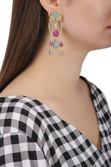 Gold Plated Aqua Chalcedony and Purple Jade Stone Earrings