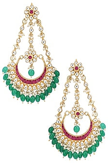 Gold plated kundan and green beads chandbali earrings