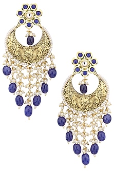 Gold plated kundan and blue beads dangler earrings