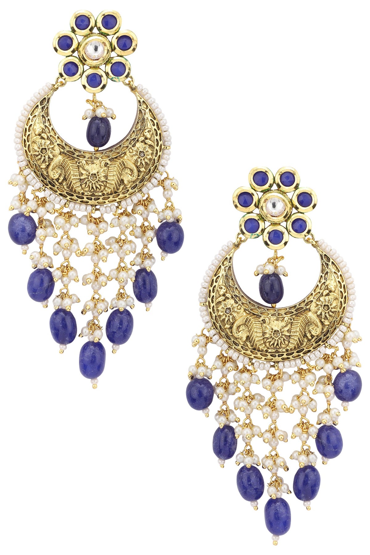Gold plated kundan and blue beads dangler earrings