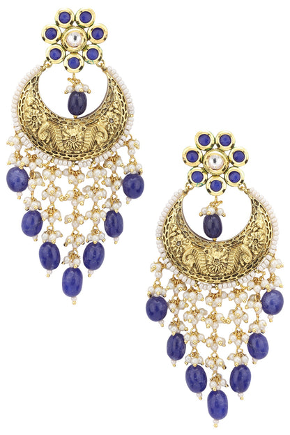 Gold plated kundan and blue beads dangler earrings