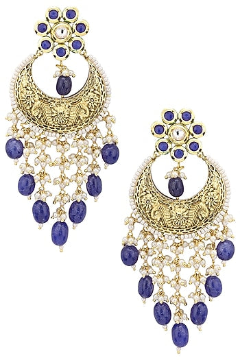 Gold plated kundan and blue beads dangler earrings