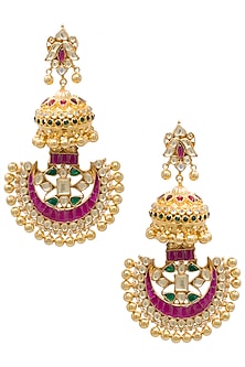Gold plated kundan and pink beads chandbali earrings