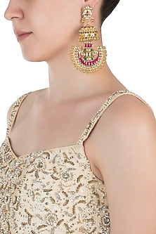 Gold plated kundan and pink beads chandbali earrings
