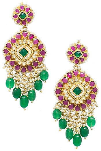 Gold plated kundan and pink beads jadau earrings