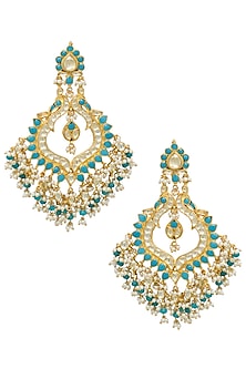Gold plated turquoise beads, kundan and pearl jhumki earrings