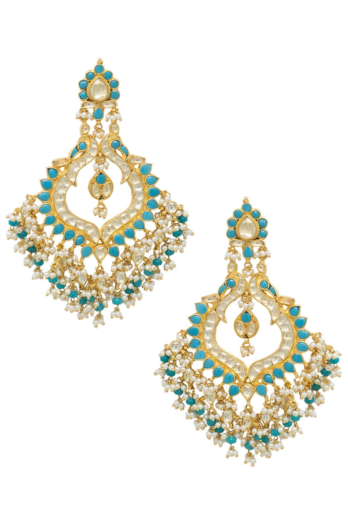 Gold plated turquoise beads, kundan and pearl jhumki earrings