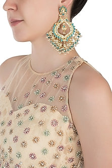 Gold plated turquoise beads, kundan and pearl jhumki earrings