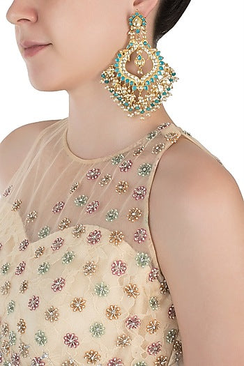Gold plated turquoise beads, kundan and pearl jhumki earrings