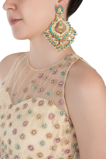 Gold plated turquoise beads, kundan and pearl jhumki earrings