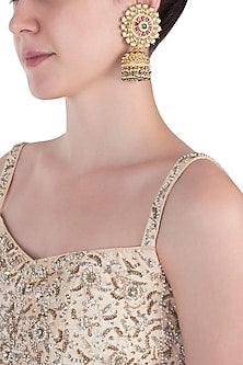 Gold plated kundan and multi colored beaded jhumki earrings