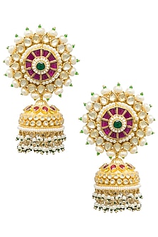 Gold plated kundan and multi colored beaded jhumki earrings