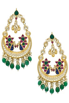 Gold plated kundan and green beaded chandbali earrings