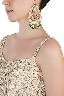 Gold plated kundan and green beaded chandbali earrings