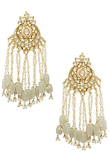 Gold plated kundan and mint green beaded tassel earrings
