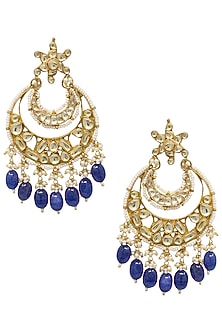Gold plated kundan and navy blue beaded chandbali earrings
