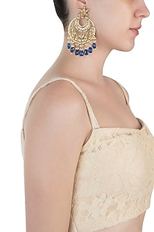 Gold plated kundan and navy blue beaded chandbali earrings