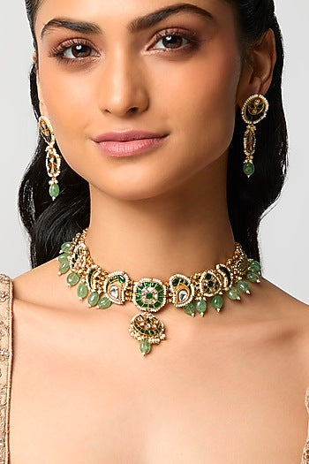 Antique Gold Finish Kundan Polki & Emerald Stone Necklace Set