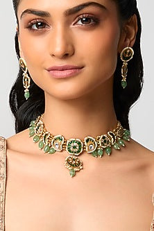 Antique Gold Finish Kundan Polki & Emerald Stone Necklace Set