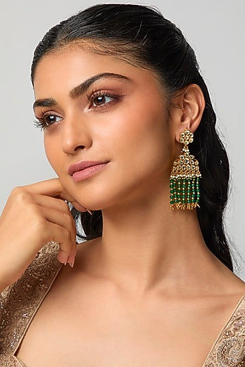 Gold Finish Floral Kundan Polki &  Green Beaded Chandeleir Earrings