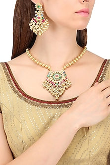Gold Finish Peacock Motif Kundan and Pearl Necklace Set