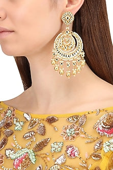 Gold Finish Kundan and Gold Pearl Drop Chandbali Earrings