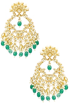 Gold Finish Kundan, Gold Pearl and Green Moti Chandbali Earrings