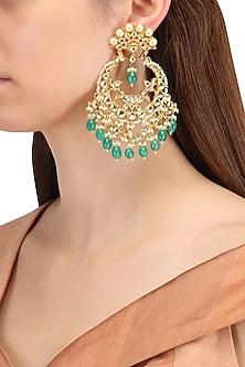 Gold Finish Kundan, Gold Pearl and Green Moti Chandbali Earrings