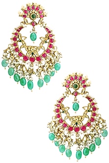 Gold Finish Multi-Colour Kundan, Pearl and Green Moti Chandbali Earrings
