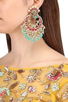 Gold Finish Multi-Colour Kundan, Pearl and Green Moti Chandbali Earrings