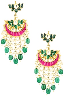 Gold Finish Multi-Colour Kundan, Pearl and Green Moti Earrings