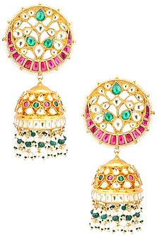 Gold Finish Multi-Colour Kundan, Pearl and Green Moti Jhumki Earrings