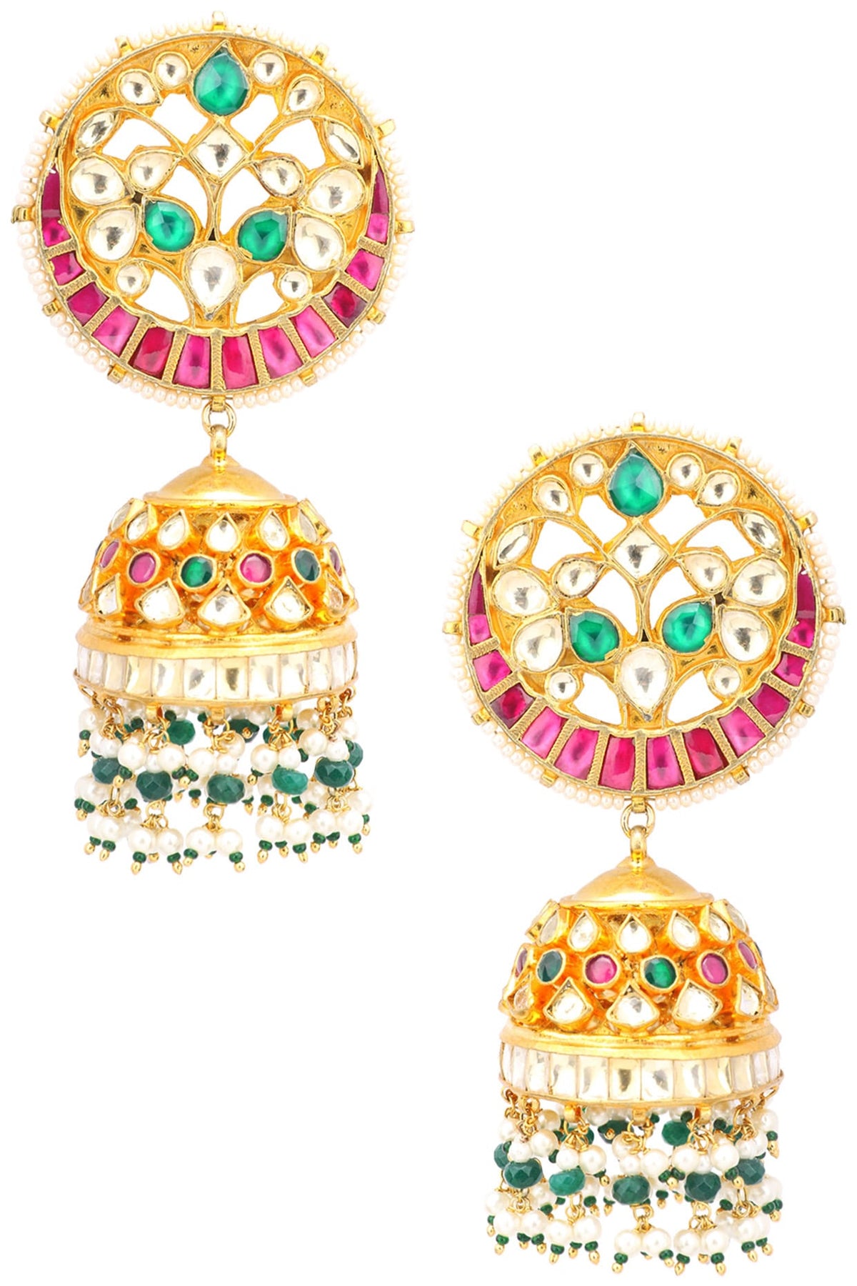 Gold Finish Multi-Colour Kundan, Pearl and Green Moti Jhumki Earrings
