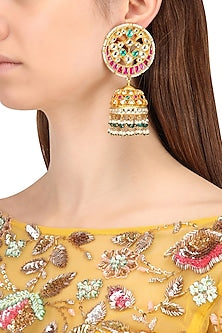 Gold Finish Multi-Colour Kundan, Pearl and Green Moti Jhumki Earrings